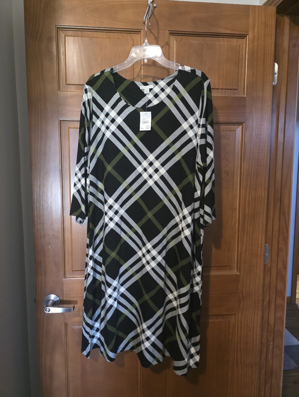 Cato Black and Olive Plaid V-Neck Long Sleeve Dress